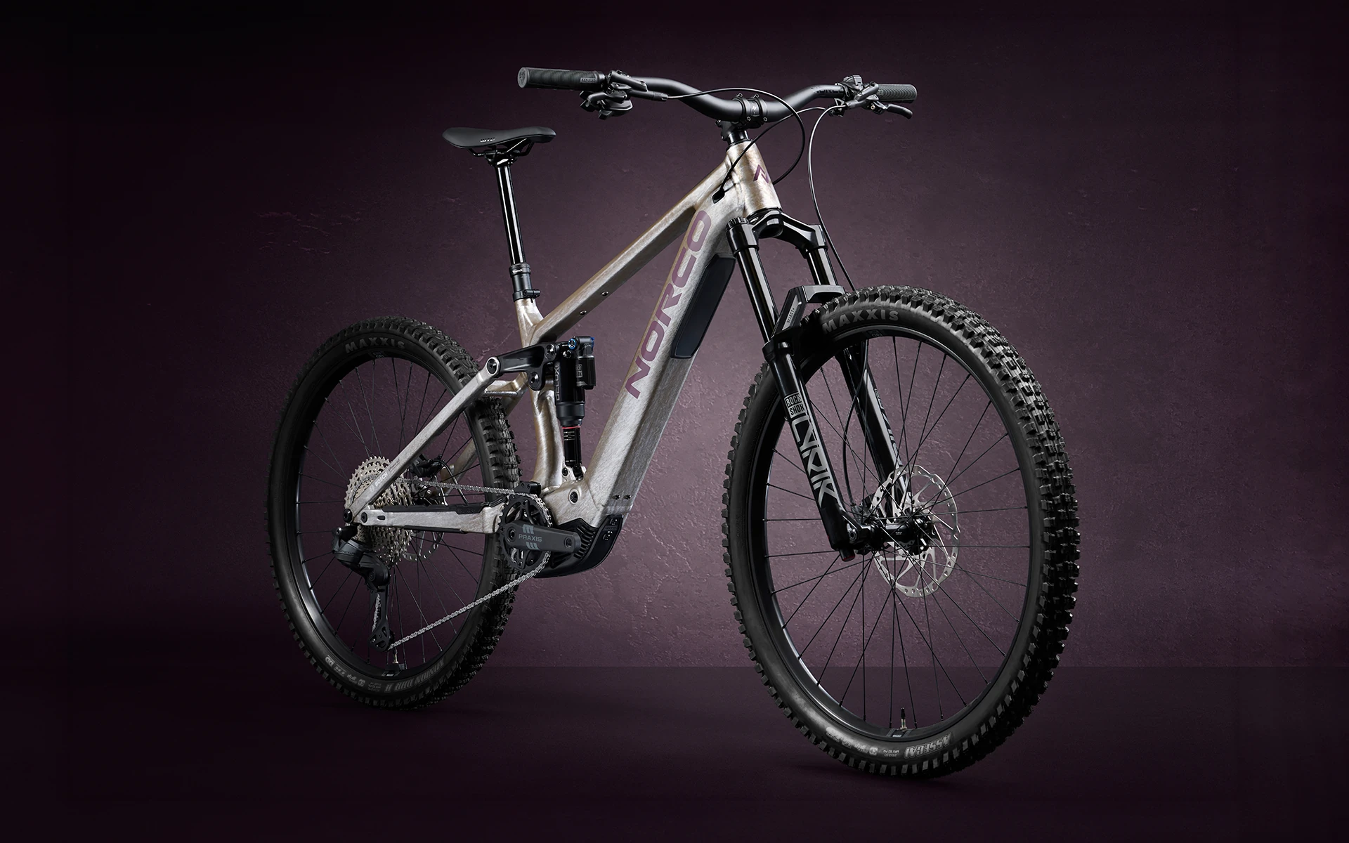 Norco Sight VLT Electric Mountain Bike Hero image on purple. Available at Dirt service center, the go to bike ship in aspen colorado